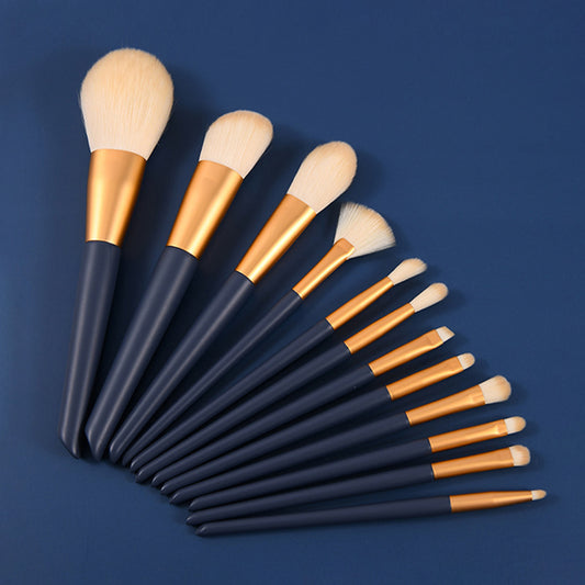 12 Piece Blue Enamel Wooden Handle Golden Aluminum Tube Makeup Brush Set - Quaworth