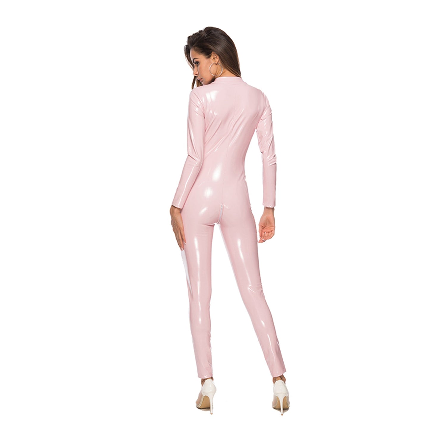 Vegan Leather Long Sleeve Mock Neck Front Zipper Glossy Jumpsuit - Quaworth