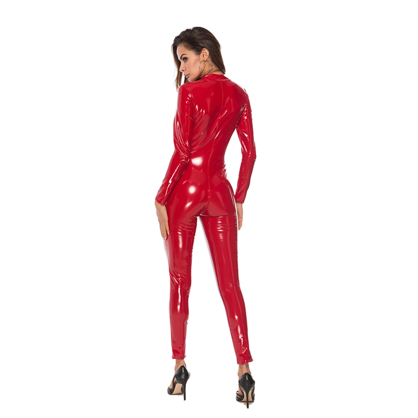 Vegan Leather Long Sleeve Mock Neck Front Zipper Glossy Jumpsuit - Quaworth