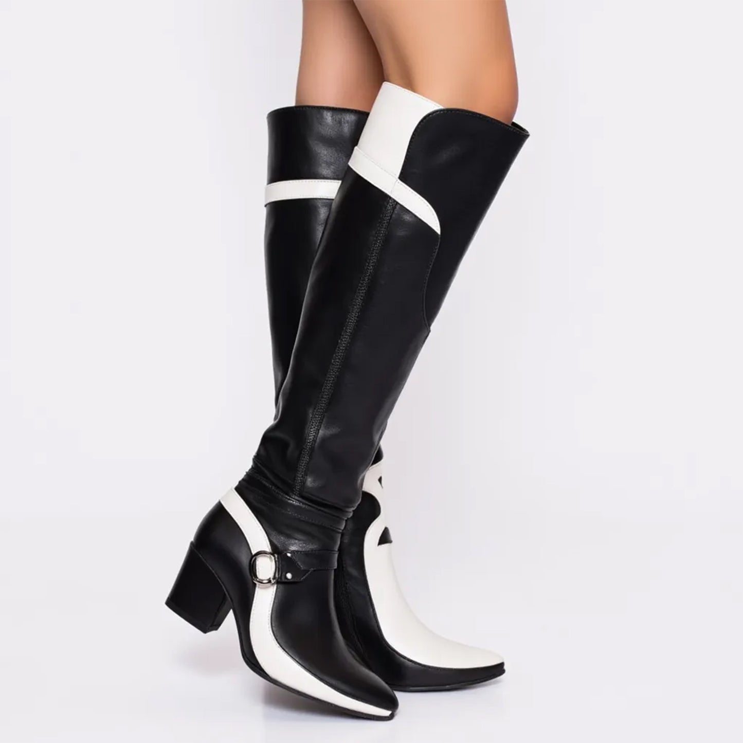 Black White Splice Design Long Boots