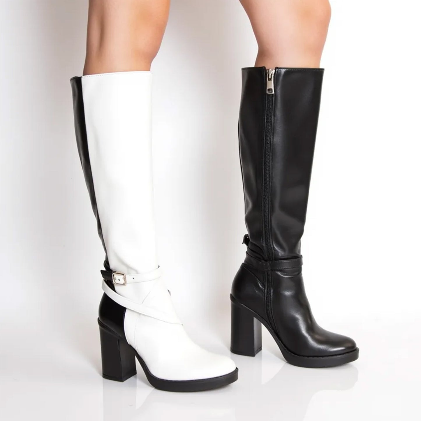 Black White Splice Design Long Boots