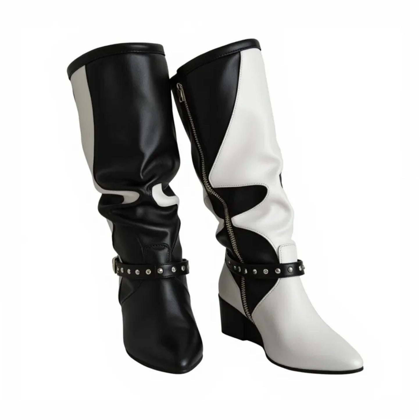Black White Splice Design Long Boots