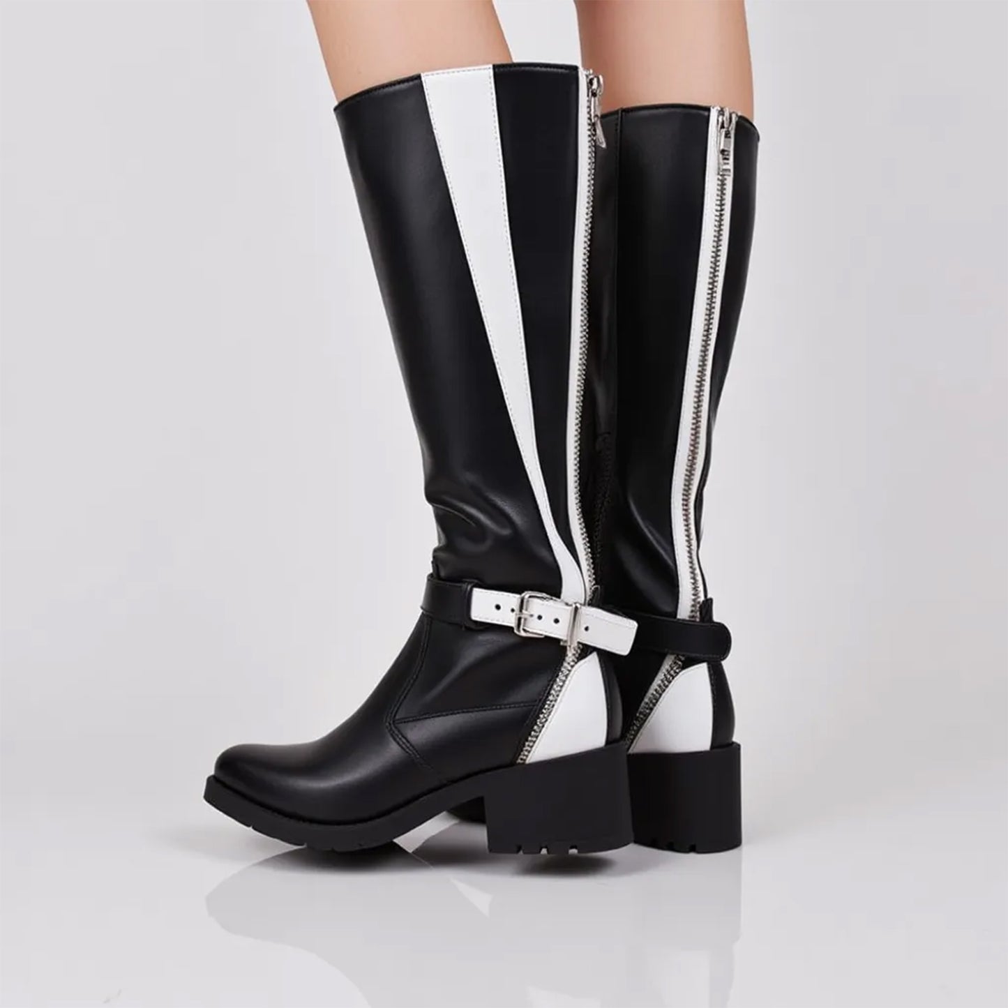 Black White Splice Design Long Boots