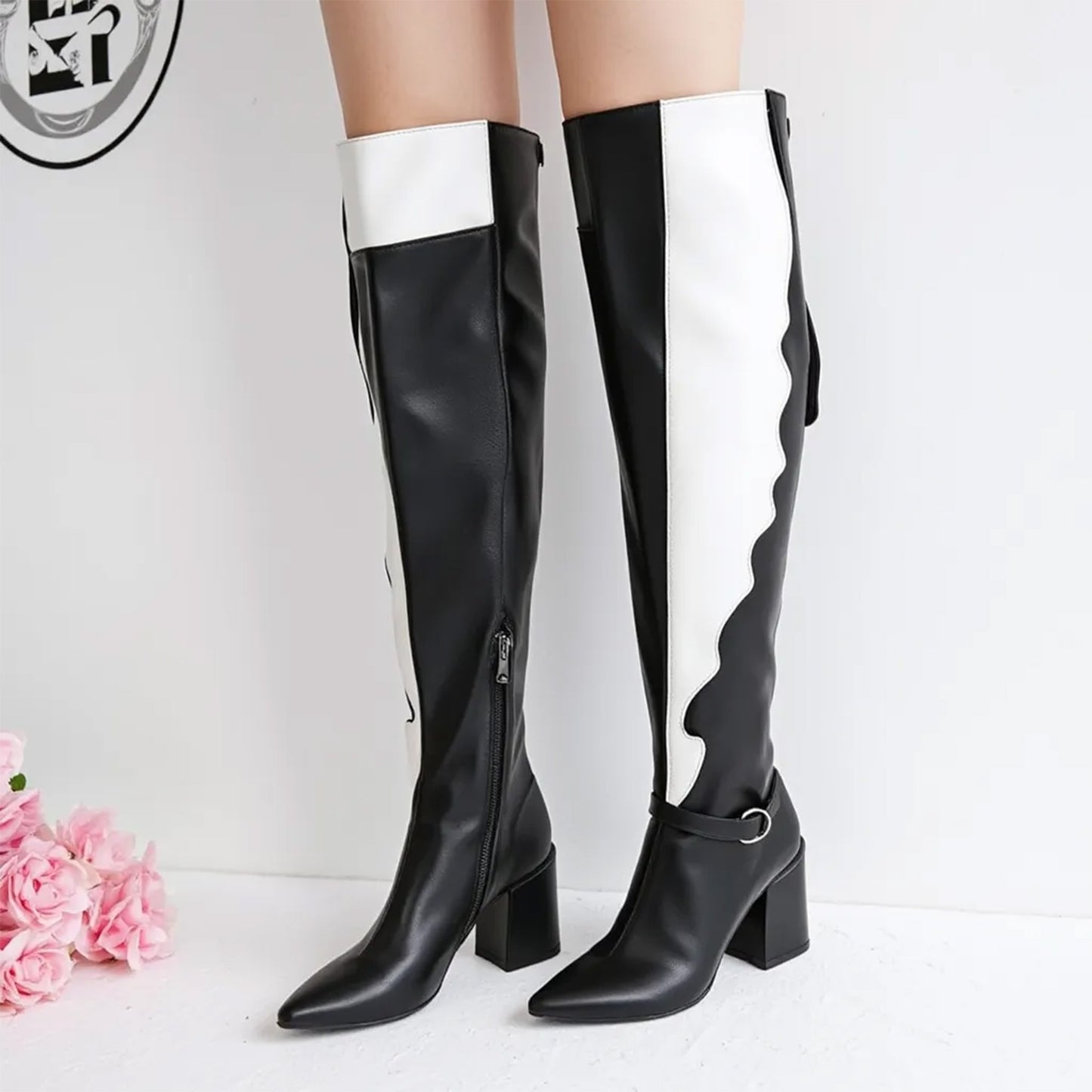 Black White Splice Design Long Boots