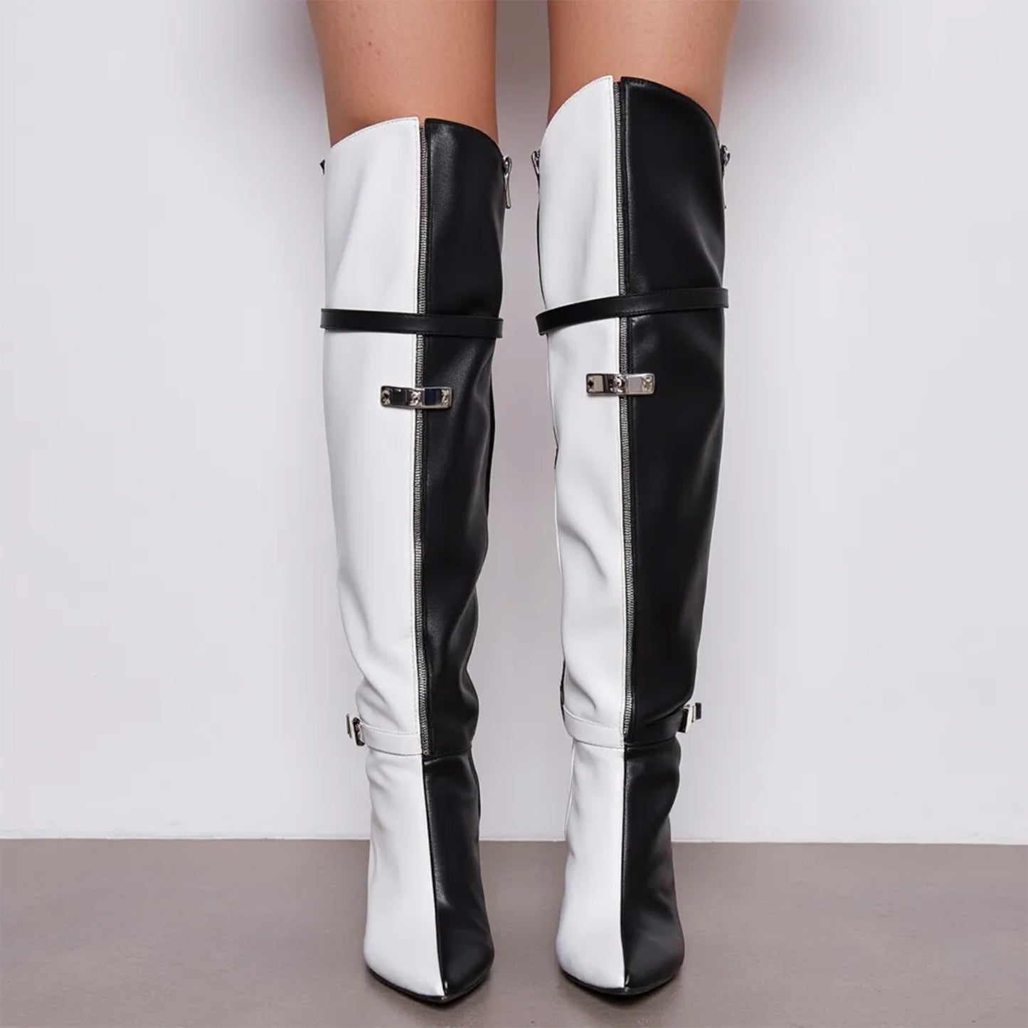 Black White Splice Design Long Boots