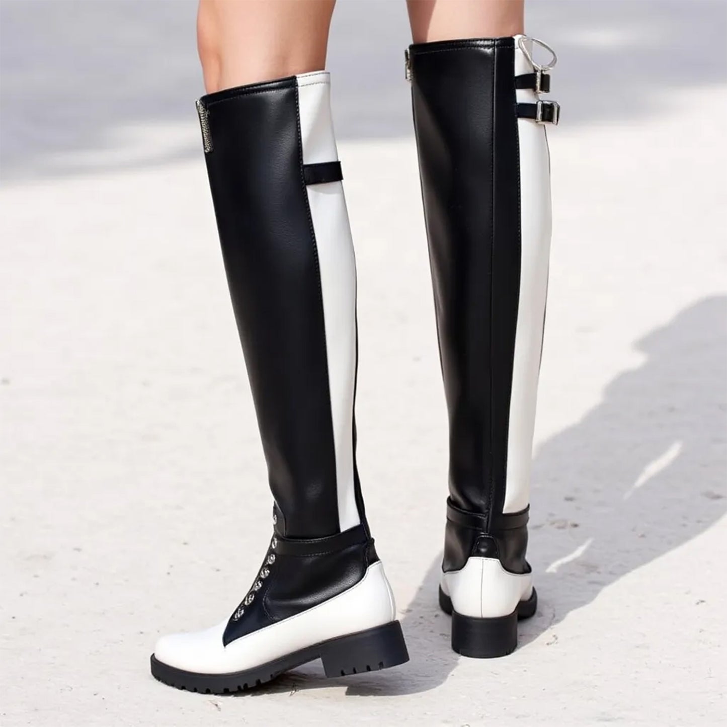 Black White Splice Design Long Boots