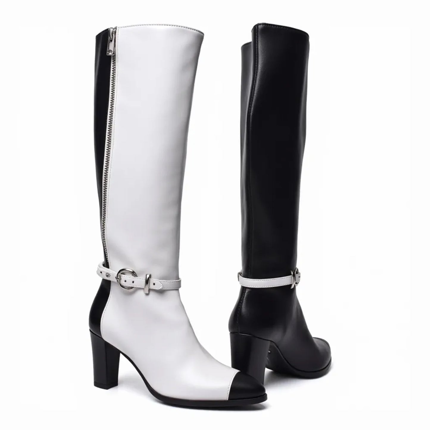 Black White Splice Design Long Boots