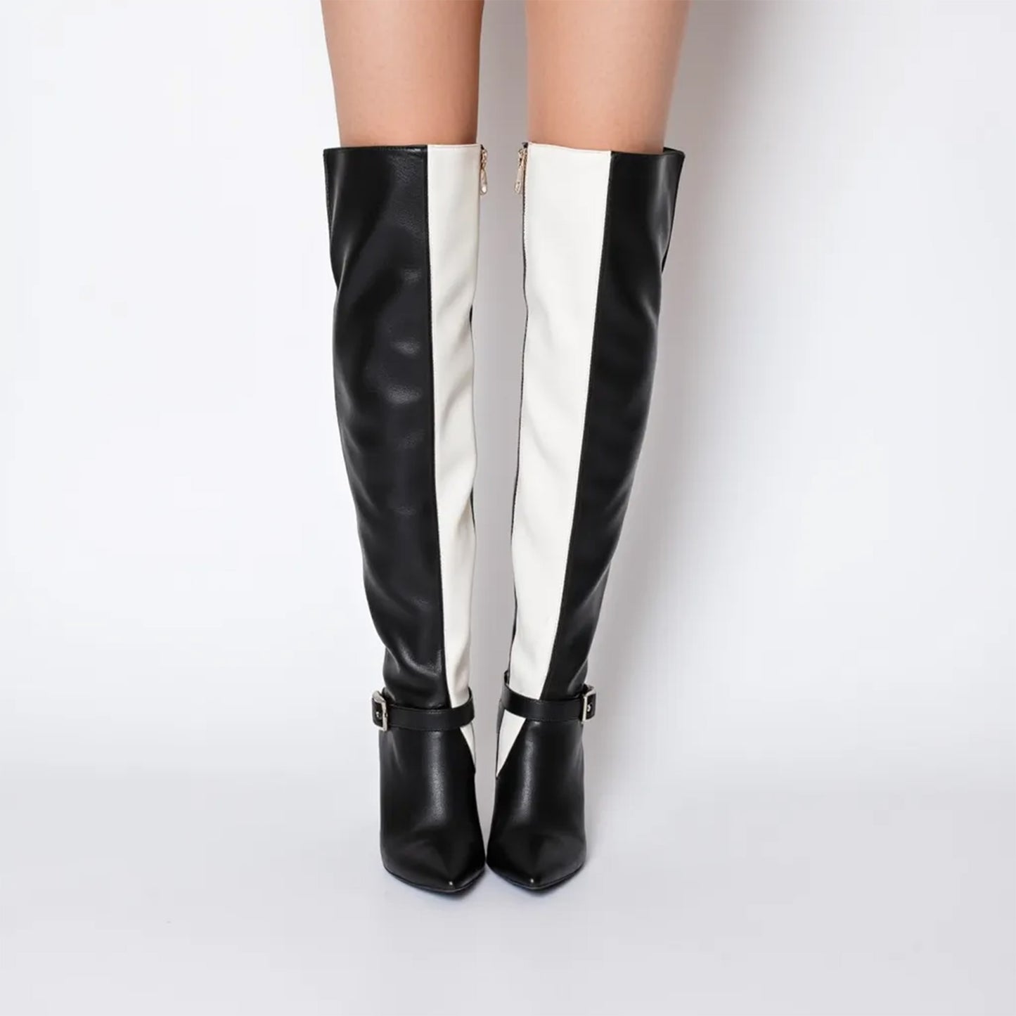 Black White Splice Design Long Boots