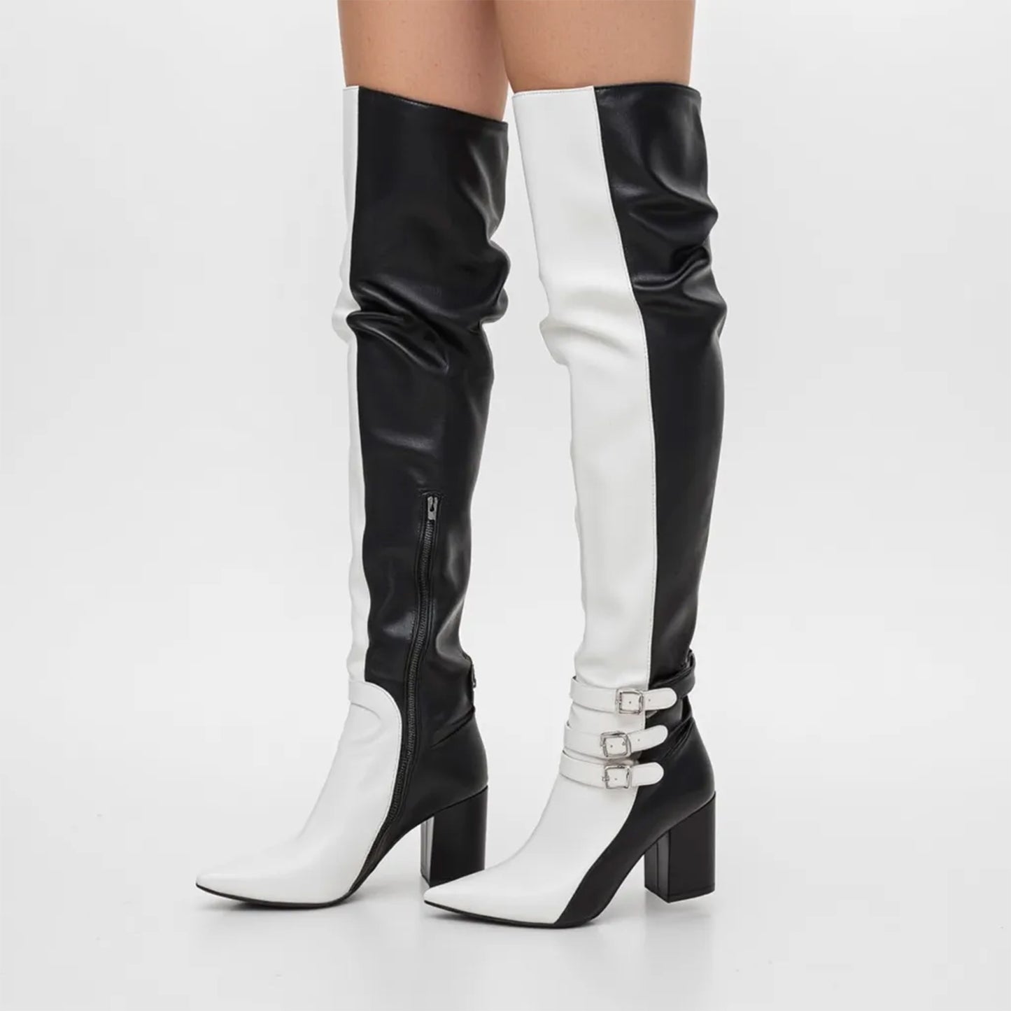 Black White Splice Design Long Boots