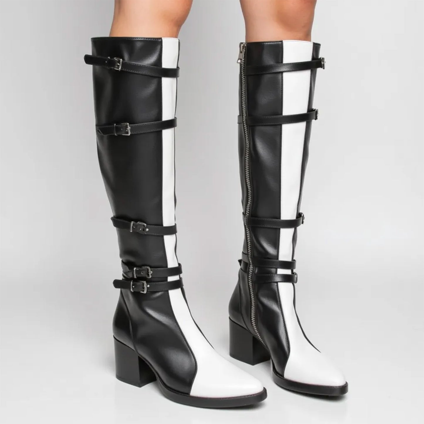 Black White Splice Design Long Boots
