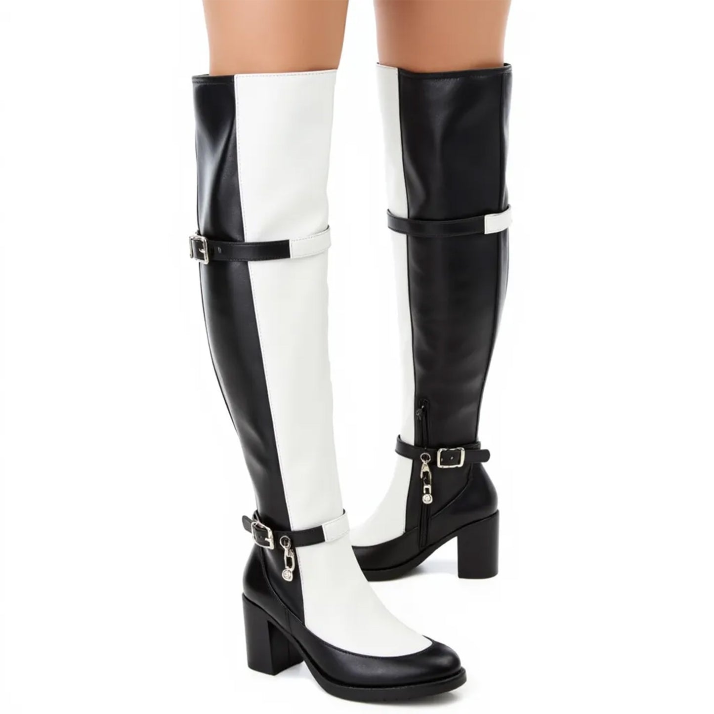 Black White Splice Design Long Boots