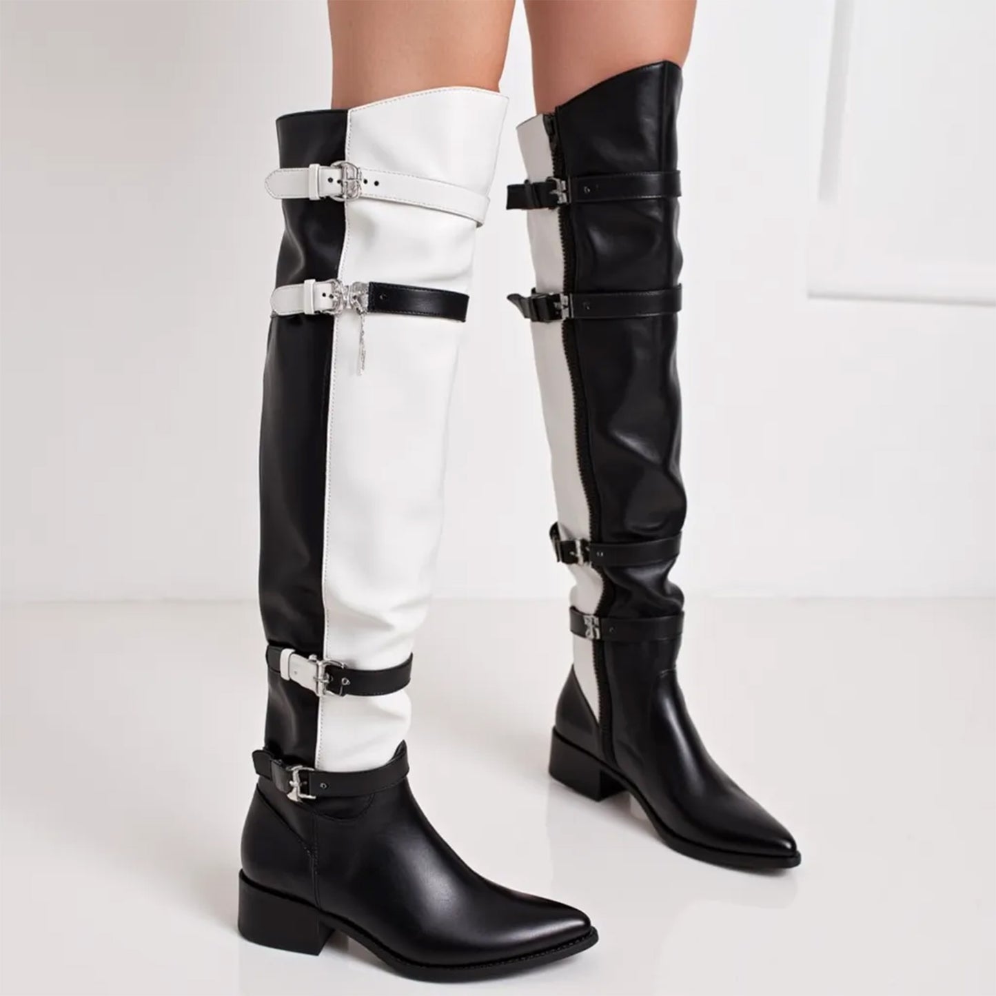 Black White Splice Design Long Boots