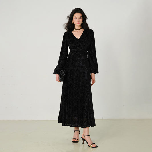 Jacquard V Neck Long Flare Sleeve Floral A-Line Maxi Dress - Quaworth