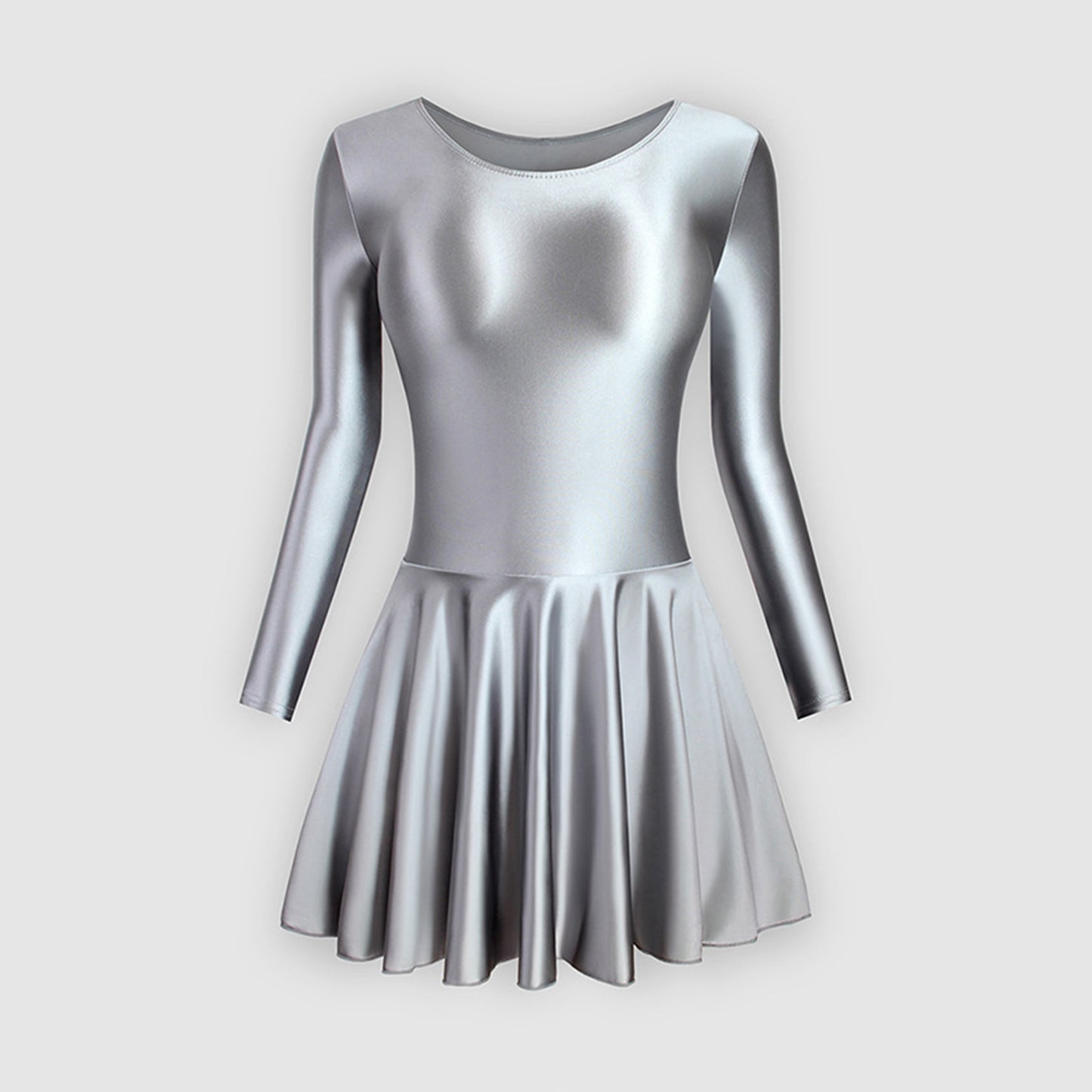 Long Sleeve Round Neck Glossy Leotard Dress - Quaworth