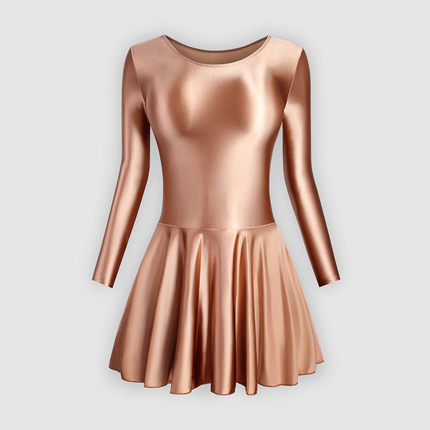 Long Sleeve Round Neck Glossy Leotard Dress - Quaworth