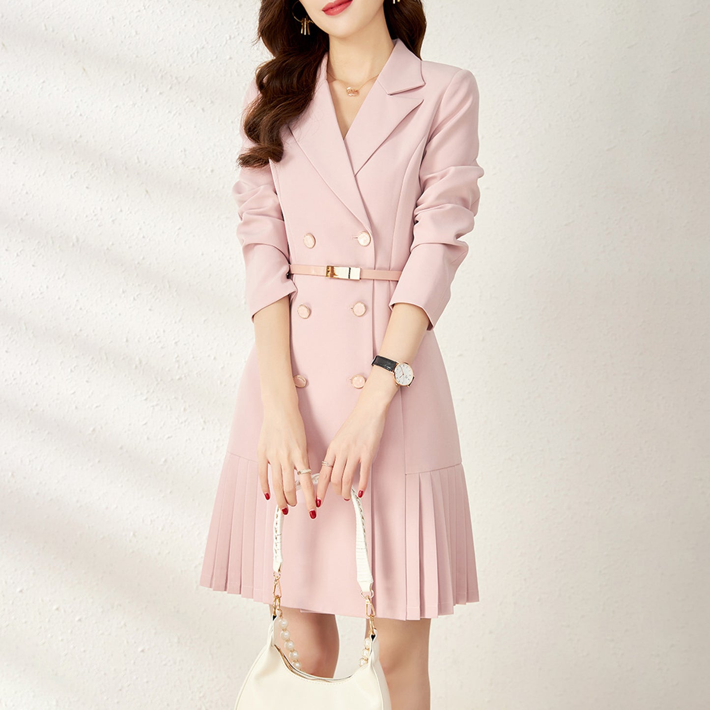 Long Sleeve V Neck Double Breasted Slim Belt Pleated Above Knee Dress - Quaworth