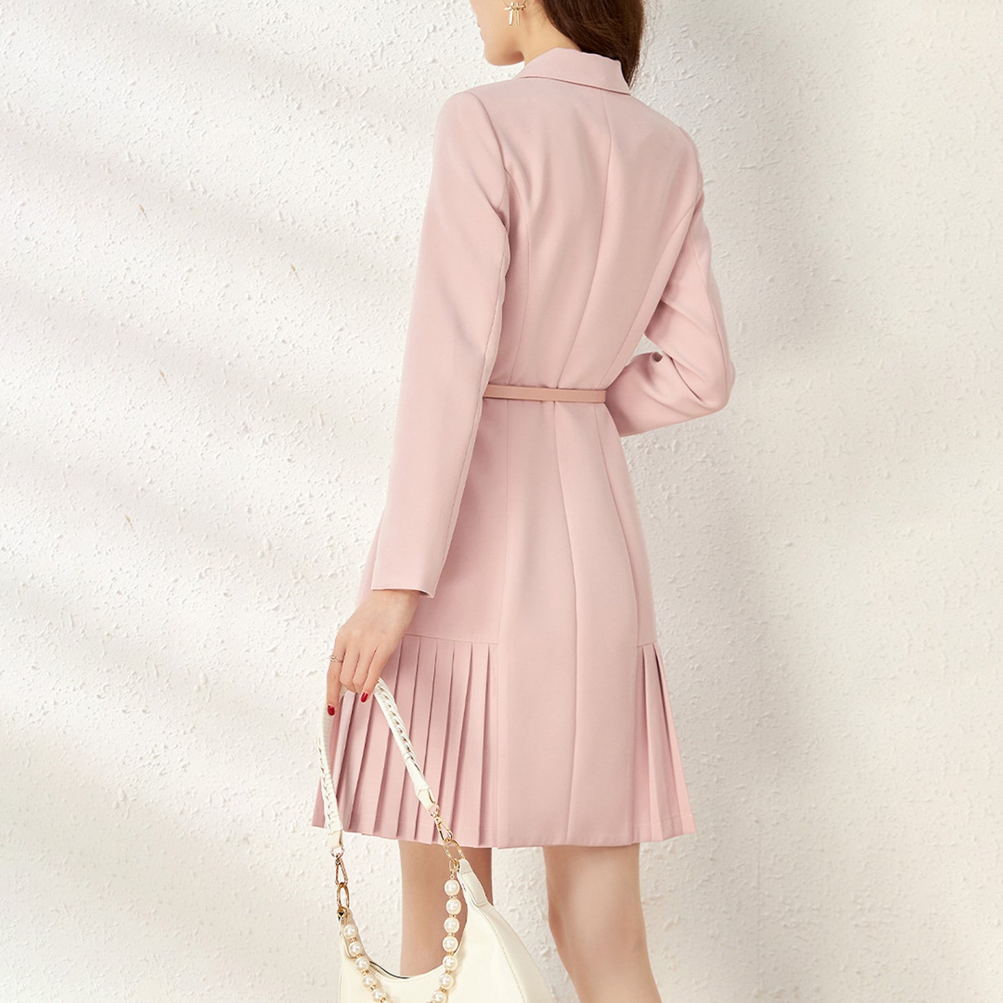 Long Sleeve V Neck Double Breasted Slim Belt Pleated Above Knee Dress - Quaworth