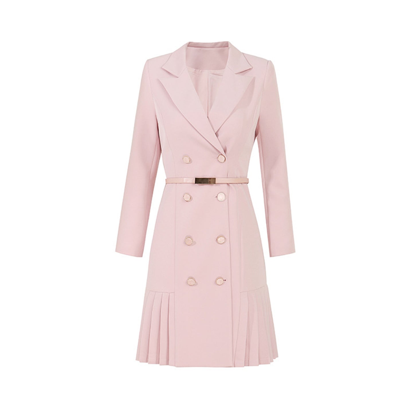 Long Sleeve V Neck Double Breasted Slim Belt Pleated Above Knee Dress - Quaworth