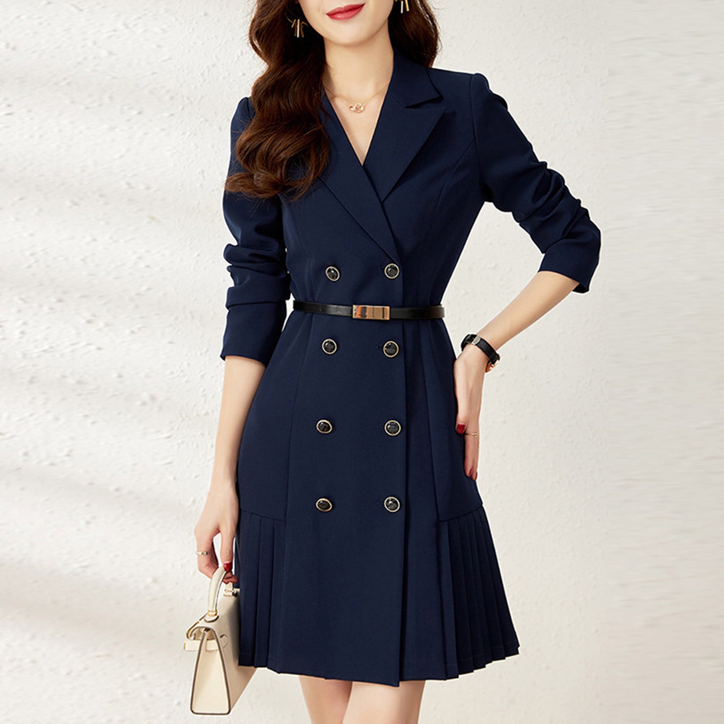 Long Sleeve V Neck Double Breasted Slim Belt Pleated Above Knee Dress - Quaworth
