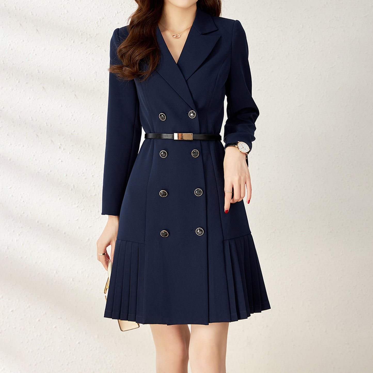 Long Sleeve V Neck Double Breasted Slim Belt Pleated Above Knee Dress - Quaworth