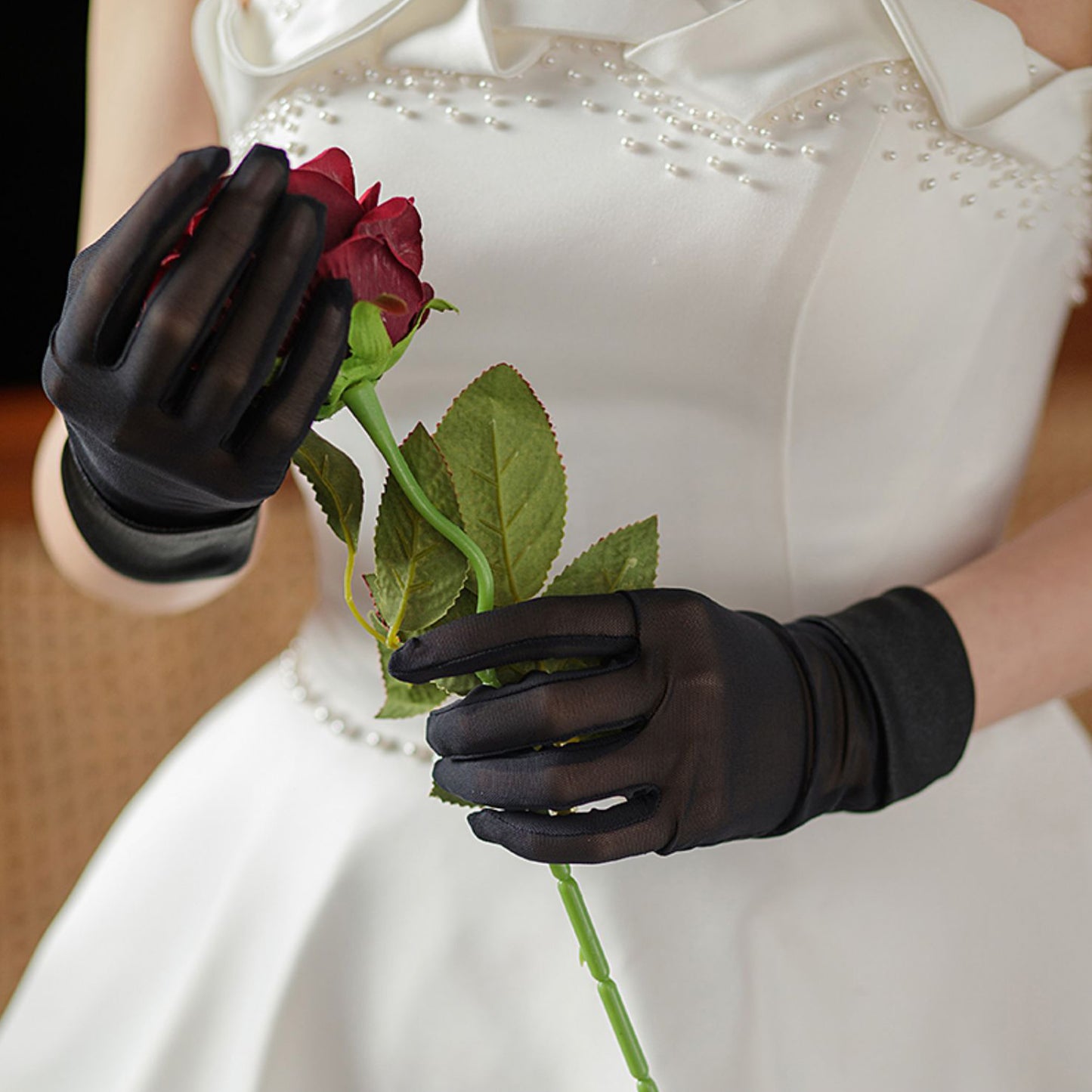Mesh Satin Cuff Wrist Gloves - Quaworth