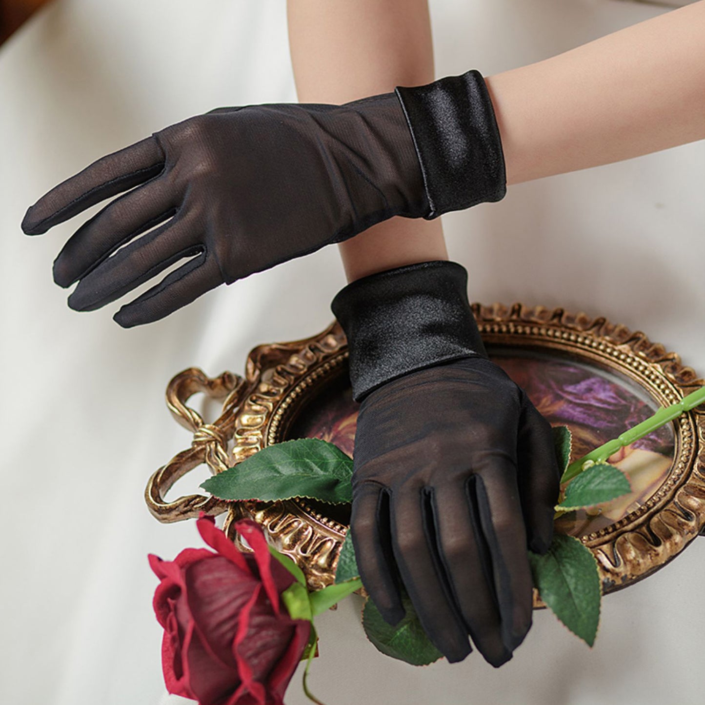 Mesh Satin Cuff Wrist Gloves - Quaworth