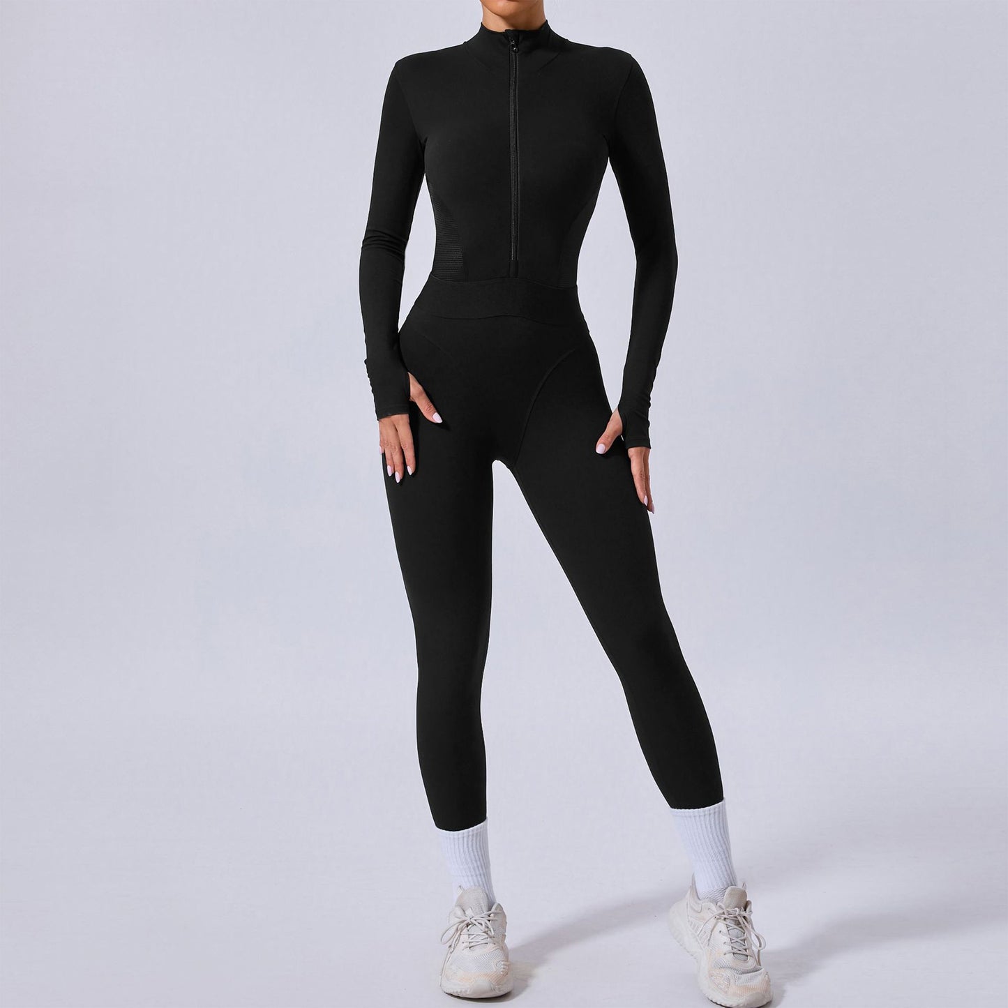 Mesh Splice Yoga Jumpsuit – Elastic Waist, Thumb Hole, Slim Fit Activewear