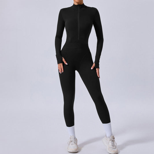 Mesh Splice Yoga Jumpsuit – Elastic Waist, Thumb Hole, Slim Fit Activewear