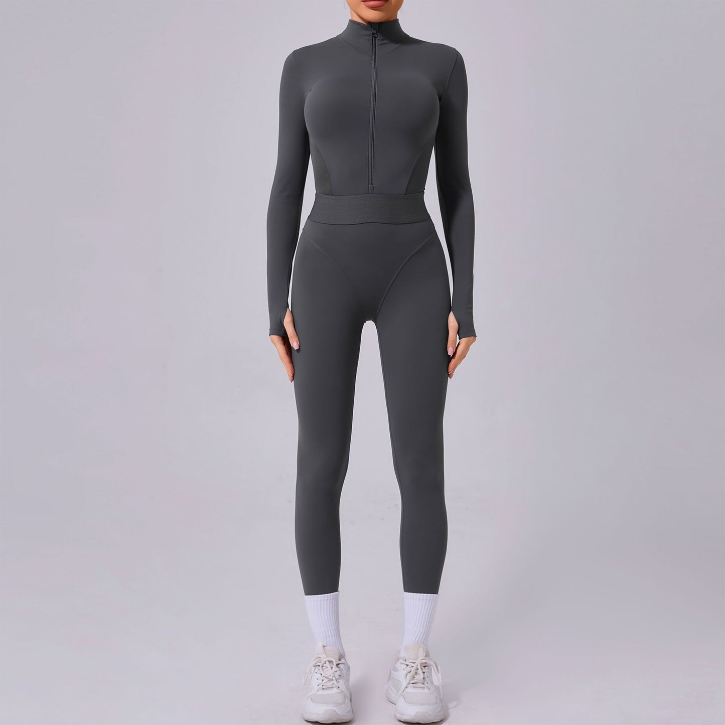 Mesh Splice Yoga Jumpsuit – Elastic Waist, Thumb Hole, Slim Fit Activewear