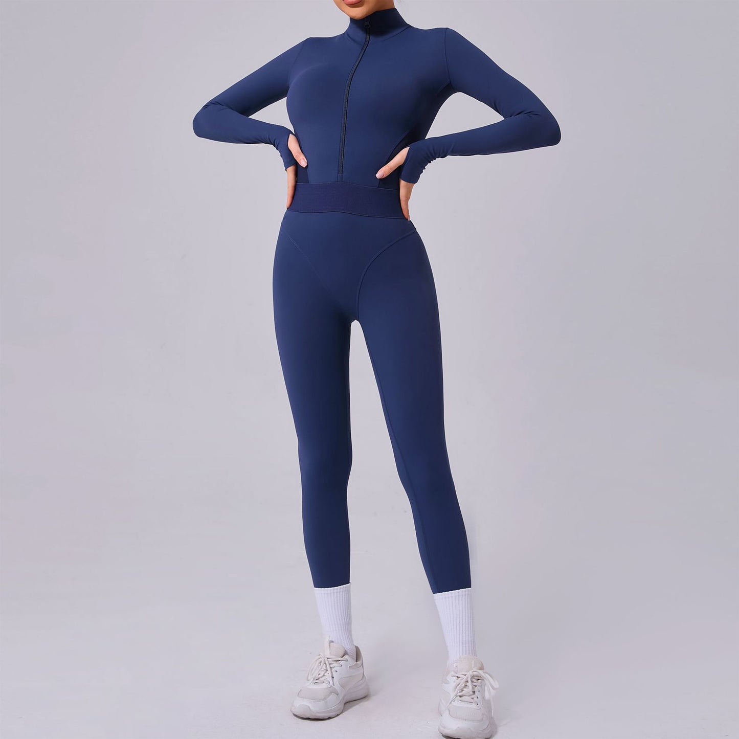 Mesh Splice Yoga Jumpsuit – Elastic Waist, Thumb Hole, Slim Fit Activewear