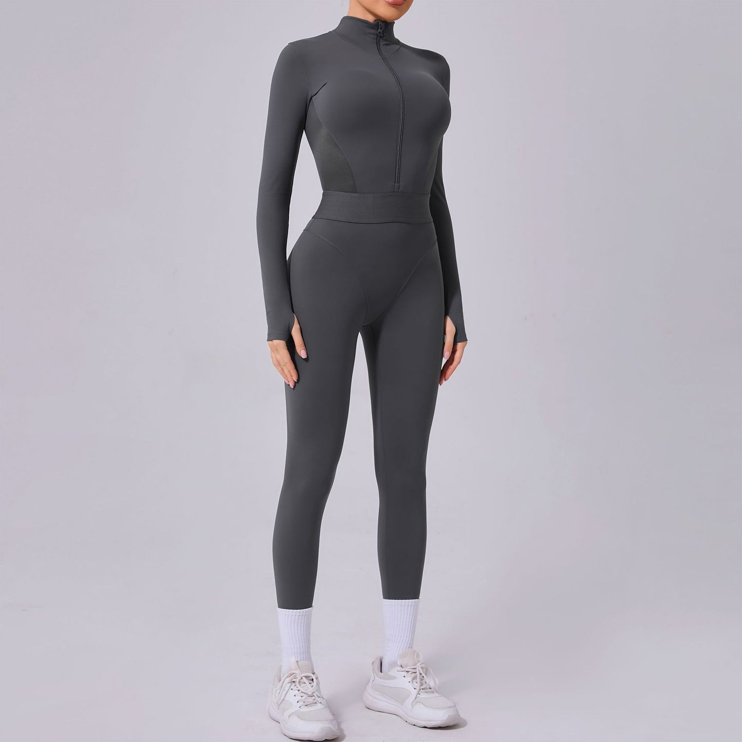 Mesh Splice Yoga Jumpsuit – Elastic Waist, Thumb Hole, Slim Fit Activewear