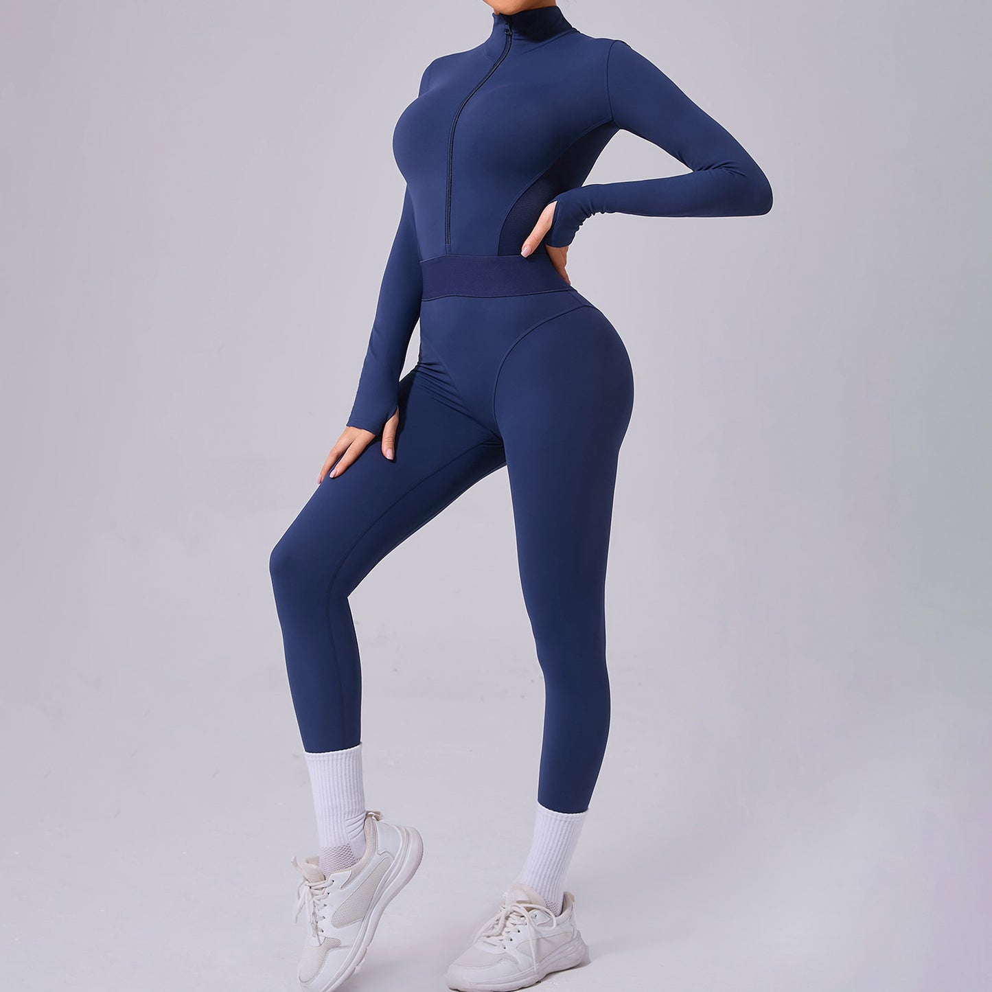 Mesh Splice Yoga Jumpsuit – Elastic Waist, Thumb Hole, Slim Fit Activewear