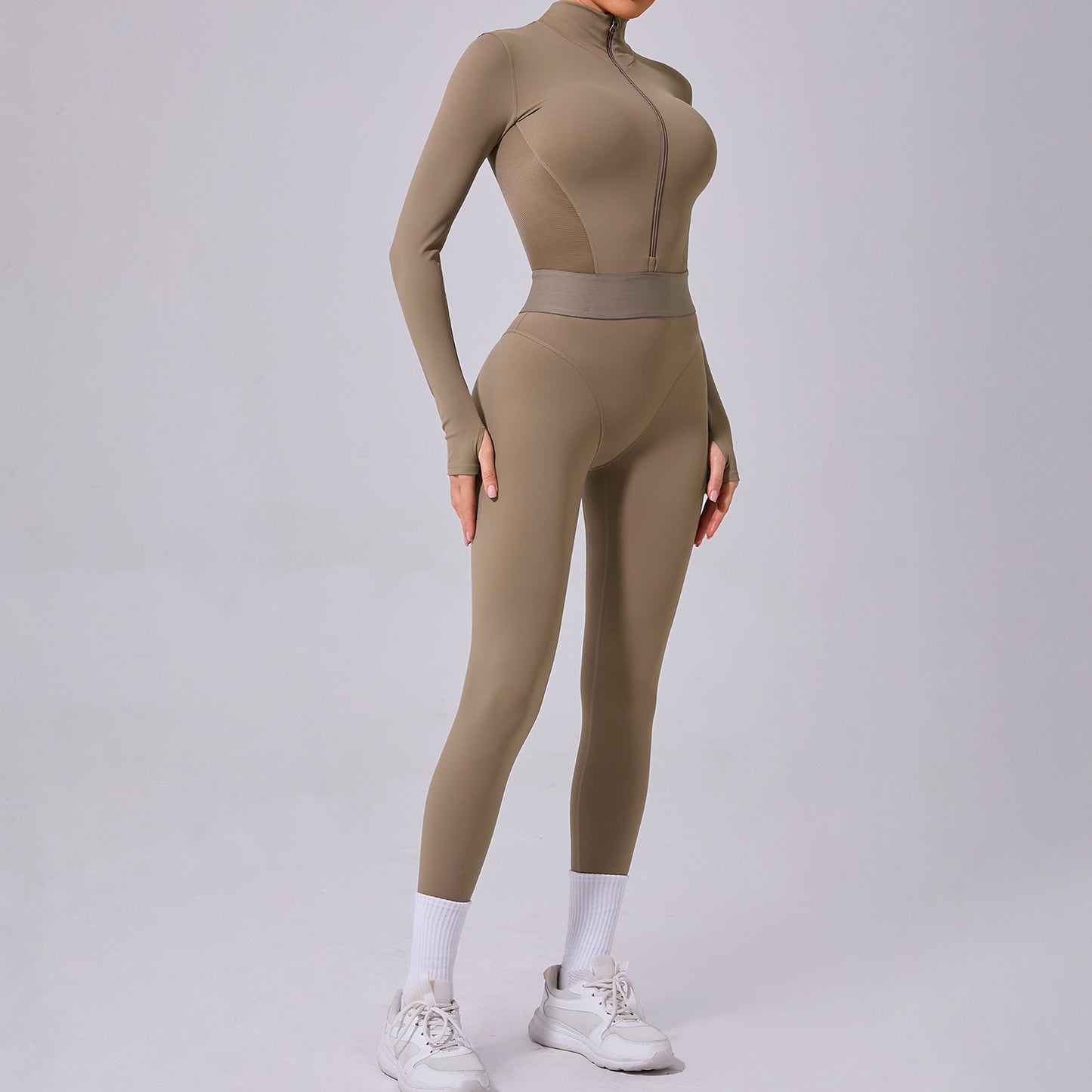 Mesh Splice Yoga Jumpsuit – Elastic Waist, Thumb Hole, Slim Fit Activewear