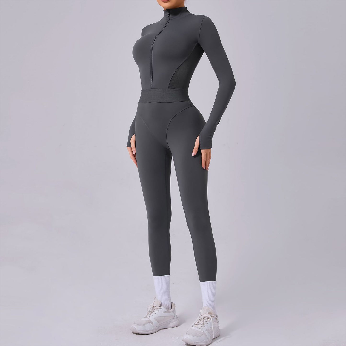Mesh Splice Yoga Jumpsuit – Elastic Waist, Thumb Hole, Slim Fit Activewear