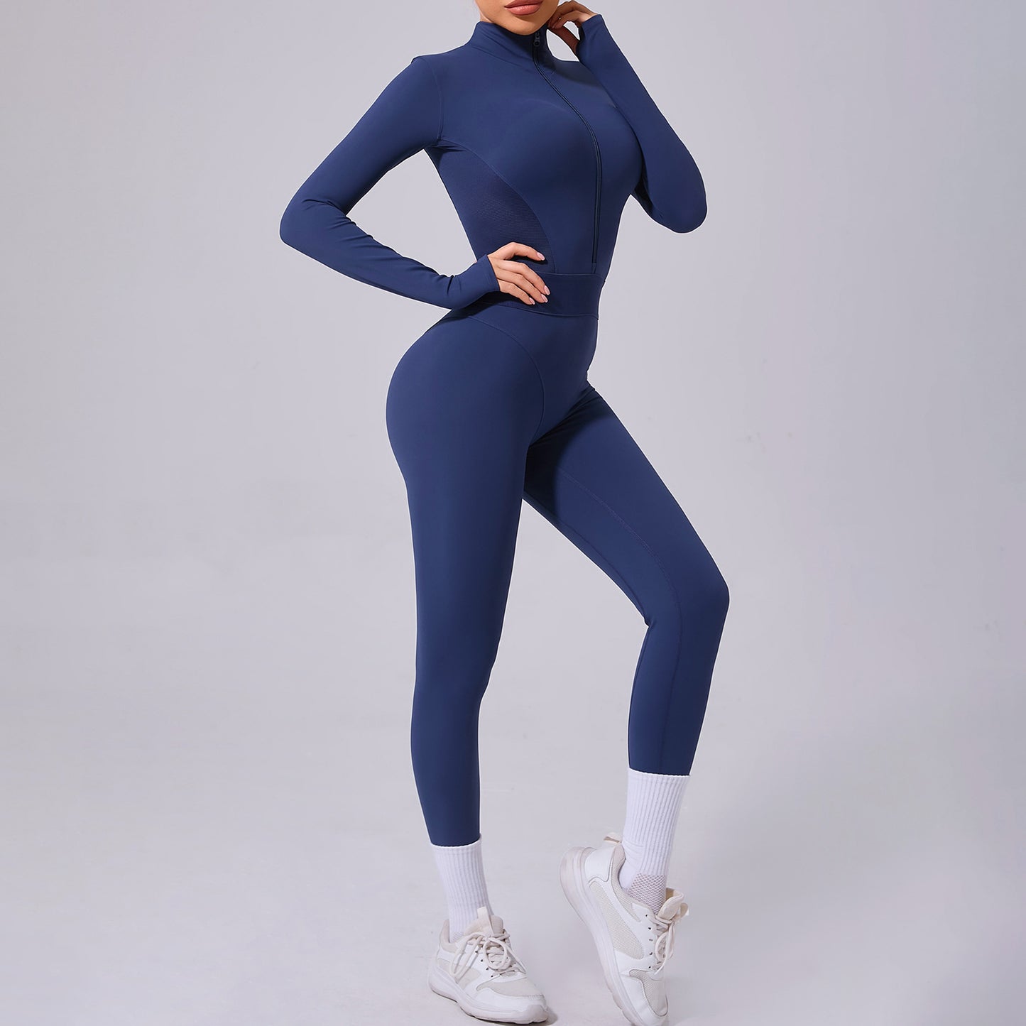 Mesh Splice Yoga Jumpsuit – Elastic Waist, Thumb Hole, Slim Fit Activewear