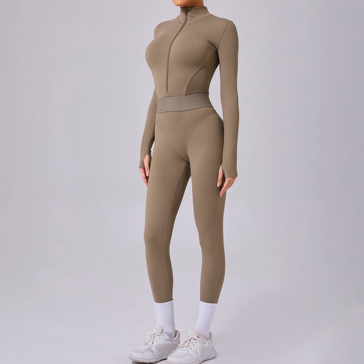 Mesh Splice Yoga Jumpsuit – Elastic Waist, Thumb Hole, Slim Fit Activewear