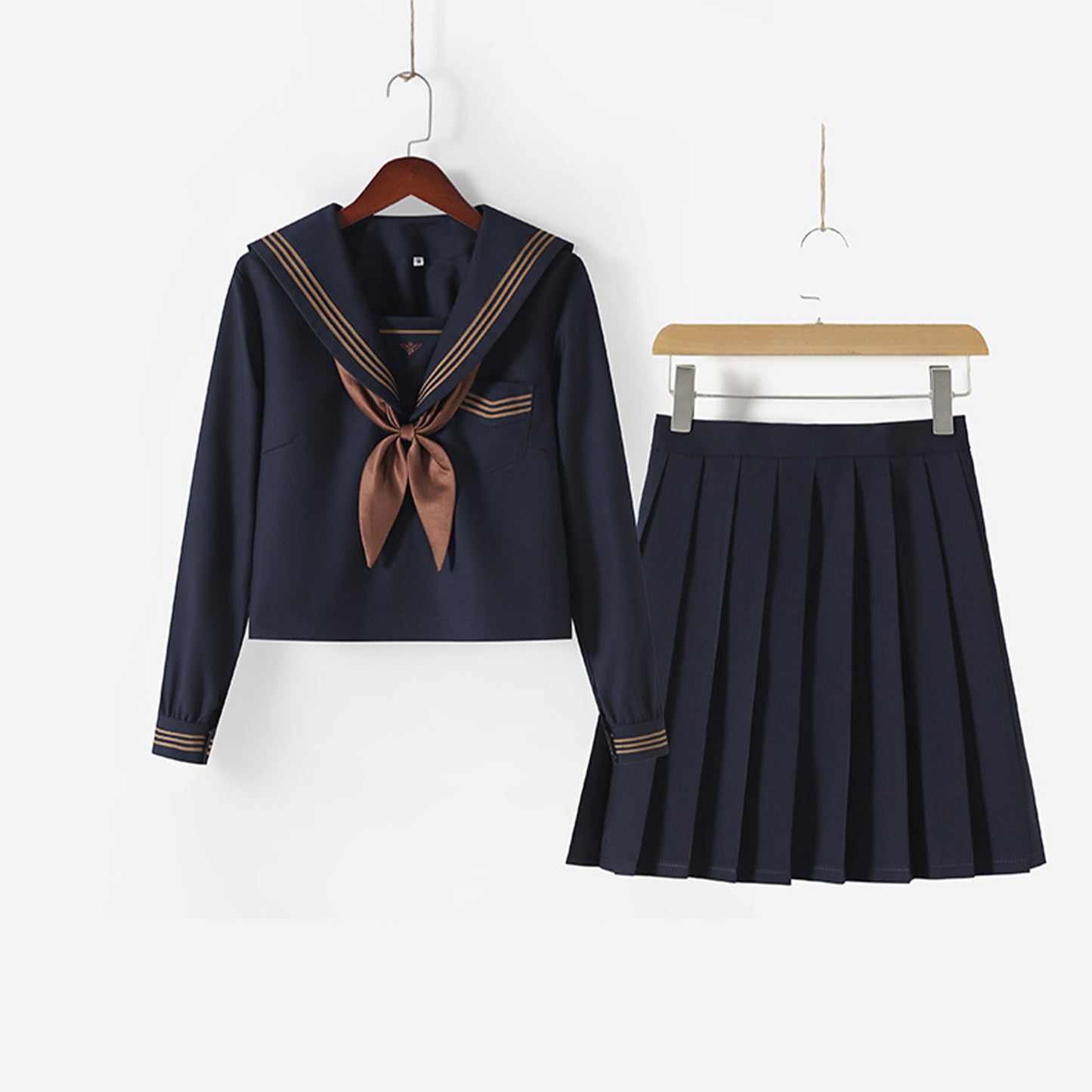Navy Broad Collar Three Brown Line Square Flap Cravat Bow Sailor School Uniform - Quaworth