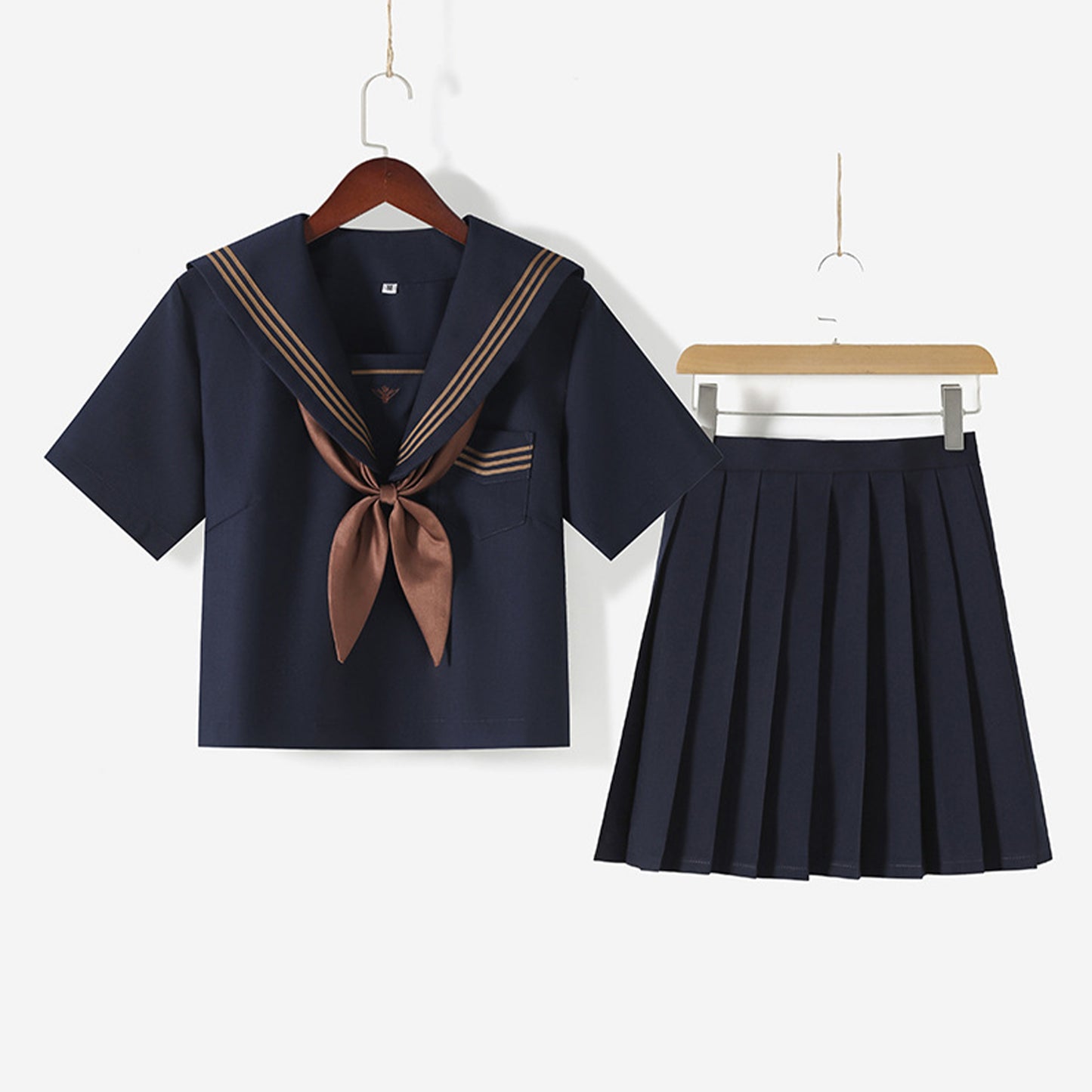 Navy Broad Collar Three Brown Line Square Flap Cravat Bow Sailor School Uniform - Quaworth