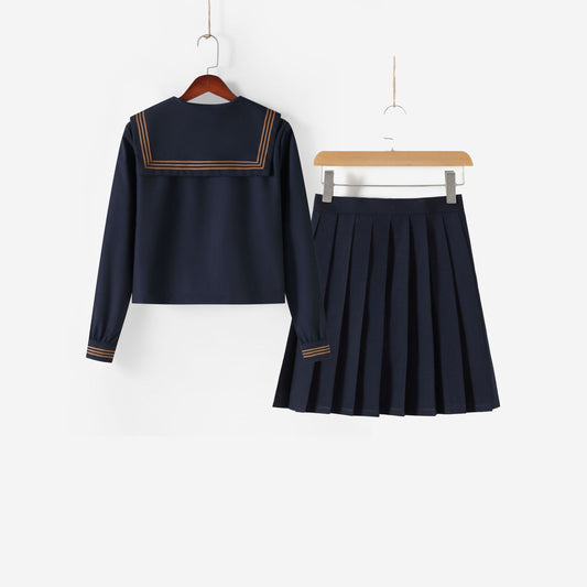 Navy Broad Collar Three Brown Line Square Flap Cravat Bow Sailor School Uniform - Quaworth