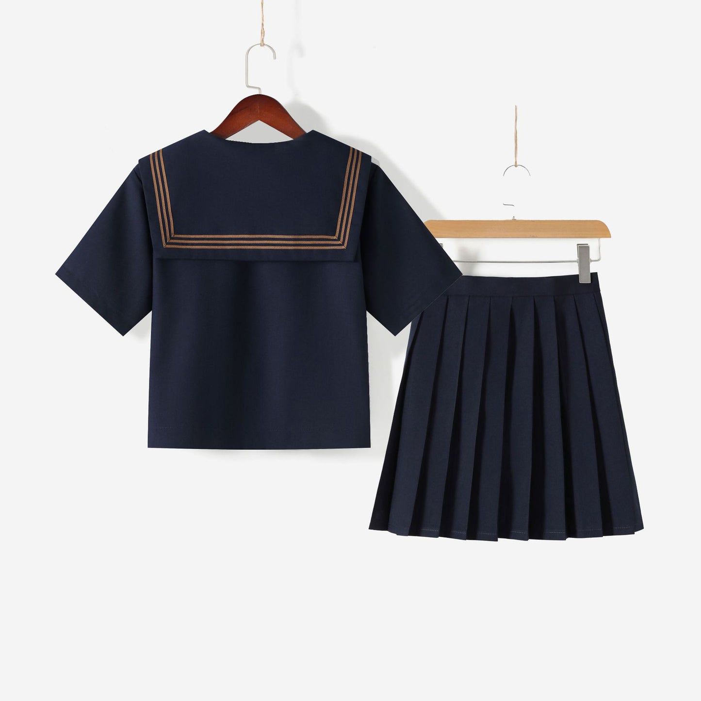 Navy Broad Collar Three Brown Line Square Flap Cravat Bow Sailor School Uniform - Quaworth