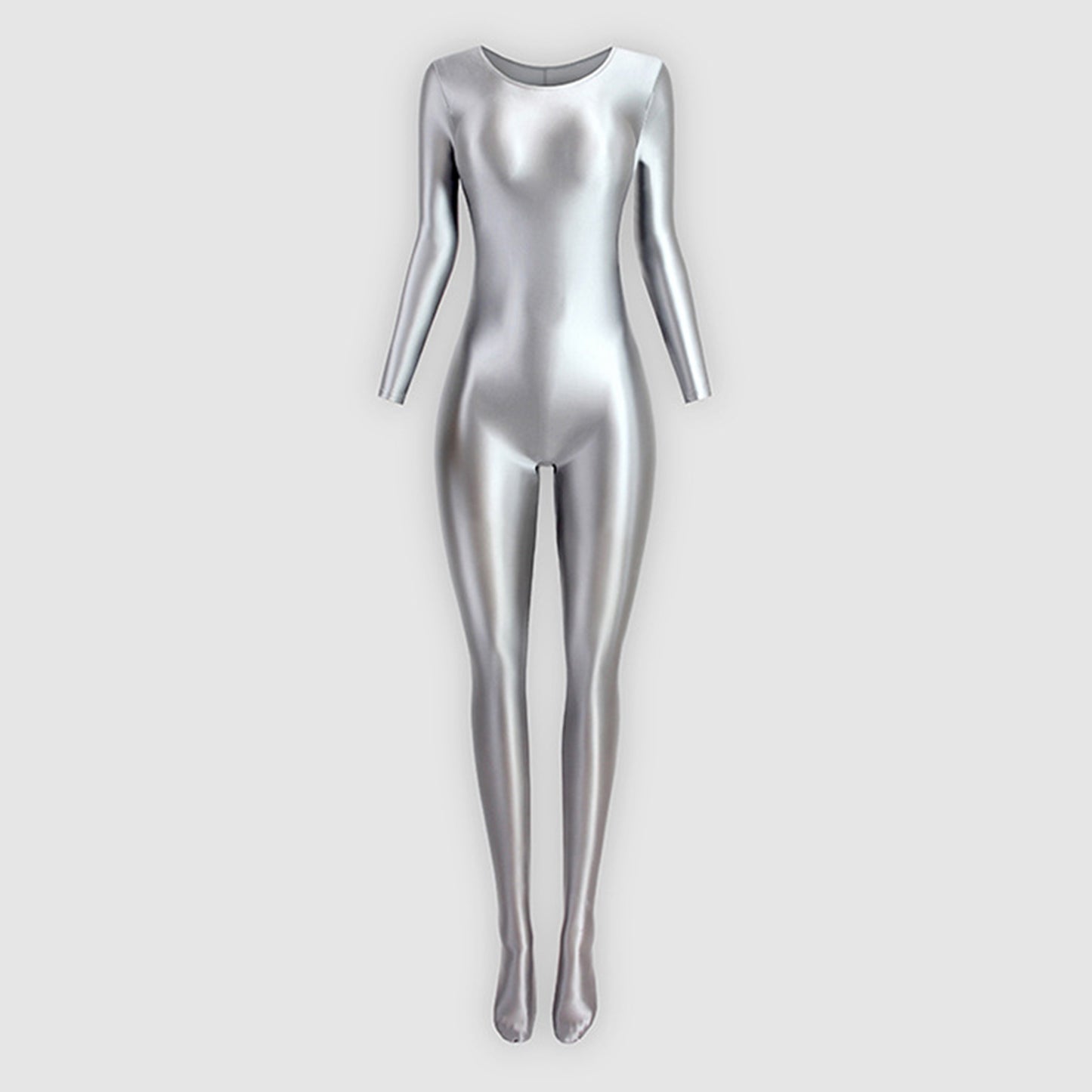 Glossy Full Body Spandex Round Neck Bodysuit - Long Sleeve, Smooth Shapewear