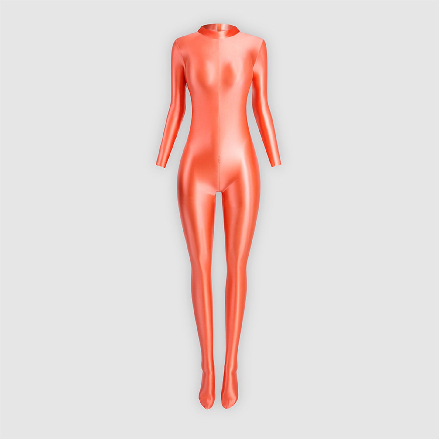 Glossy Full Body Spandex High Neck Zipper Bodysuit - Long Sleeve, Smooth Shapewear