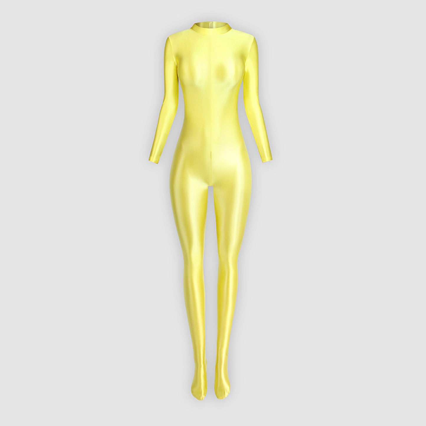 Glossy Full Body Spandex High Neck Zipper Bodysuit - Long Sleeve, Smooth Shapewear