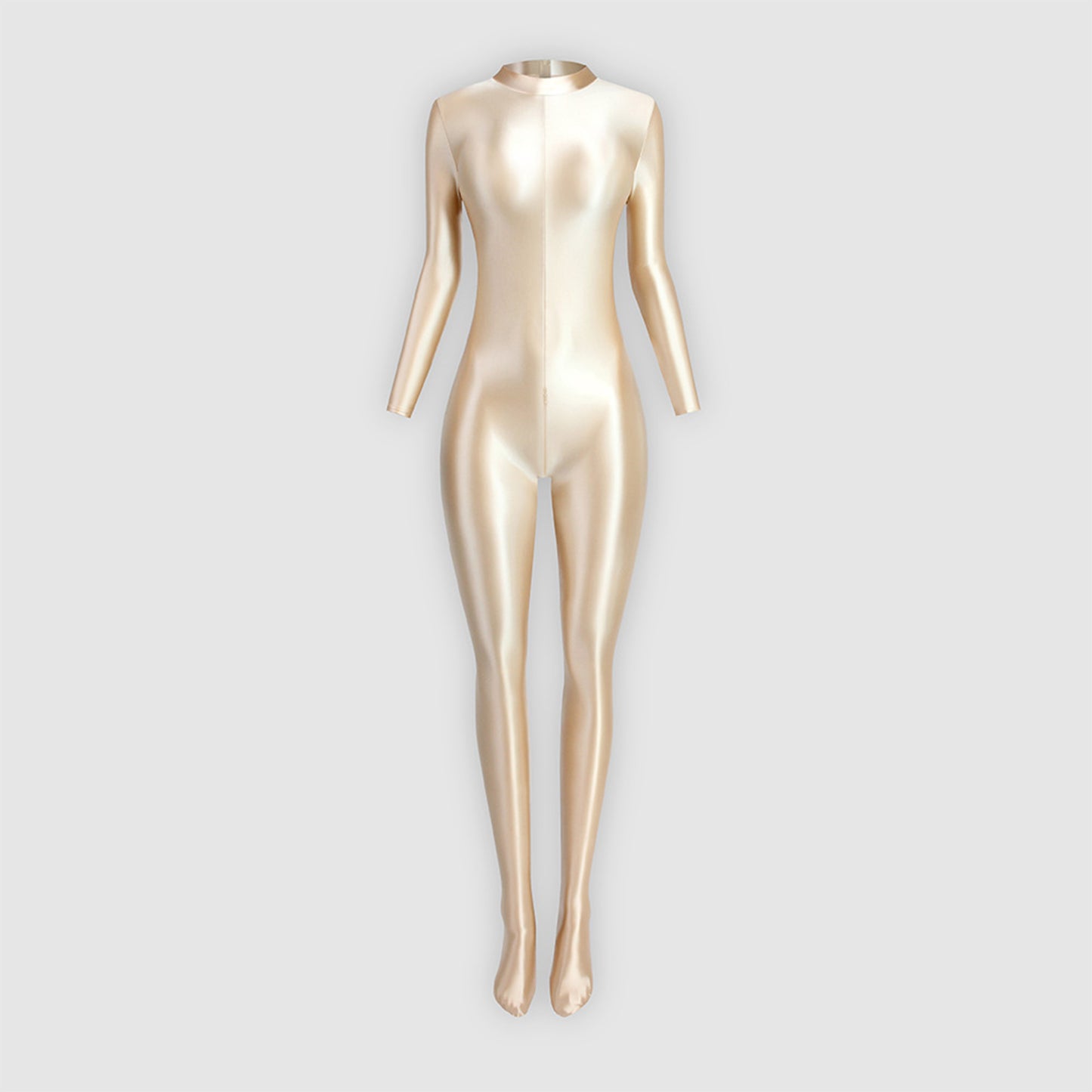 Glossy Full Body Spandex High Neck Zipper Bodysuit - Long Sleeve, Smooth Shapewear