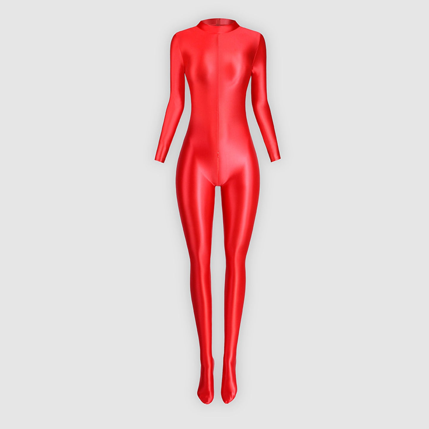 Glossy Full Body Spandex High Neck Zipper Bodysuit - Long Sleeve, Smooth Shapewear