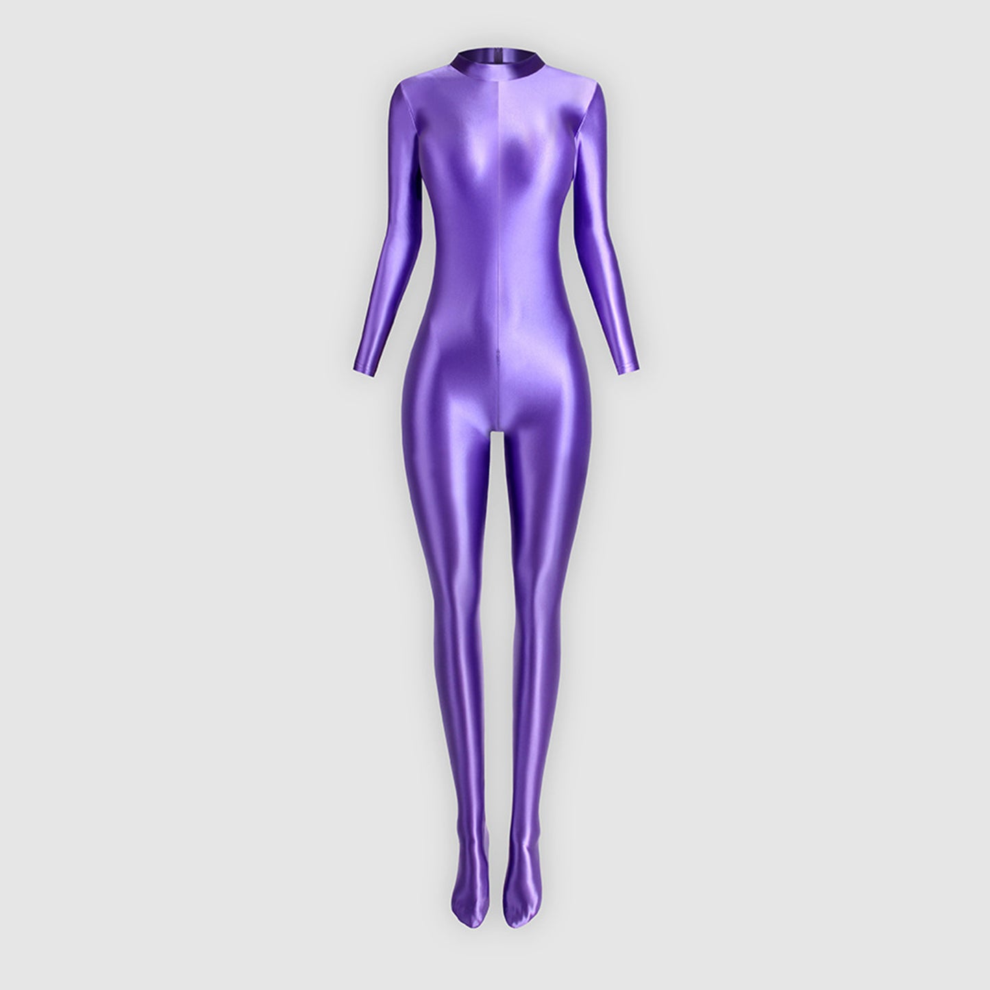 Glossy Full Body Spandex High Neck Zipper Bodysuit - Long Sleeve, Smooth Shapewear