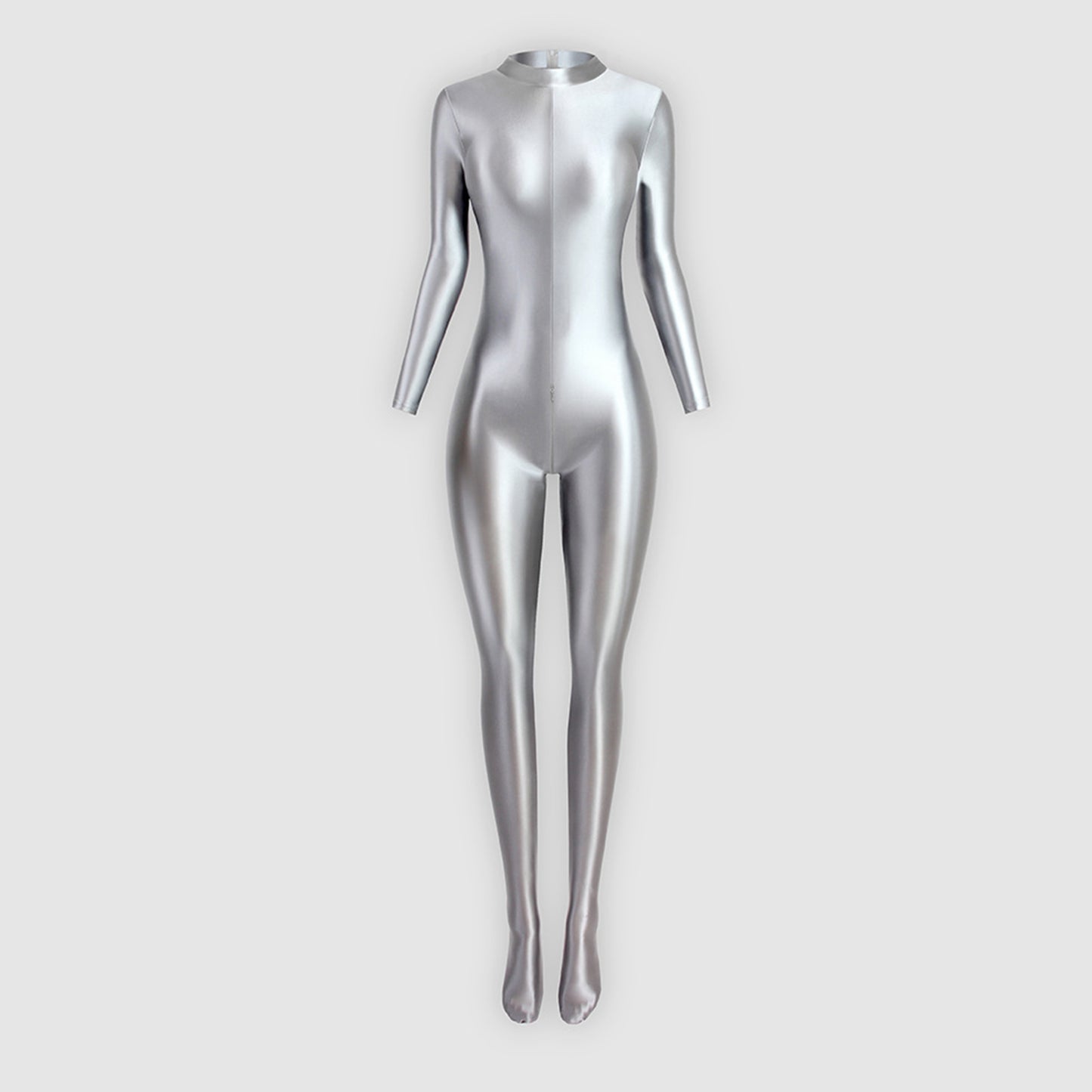 Glossy Full Body Spandex High Neck Zipper Bodysuit - Long Sleeve, Smooth Shapewear