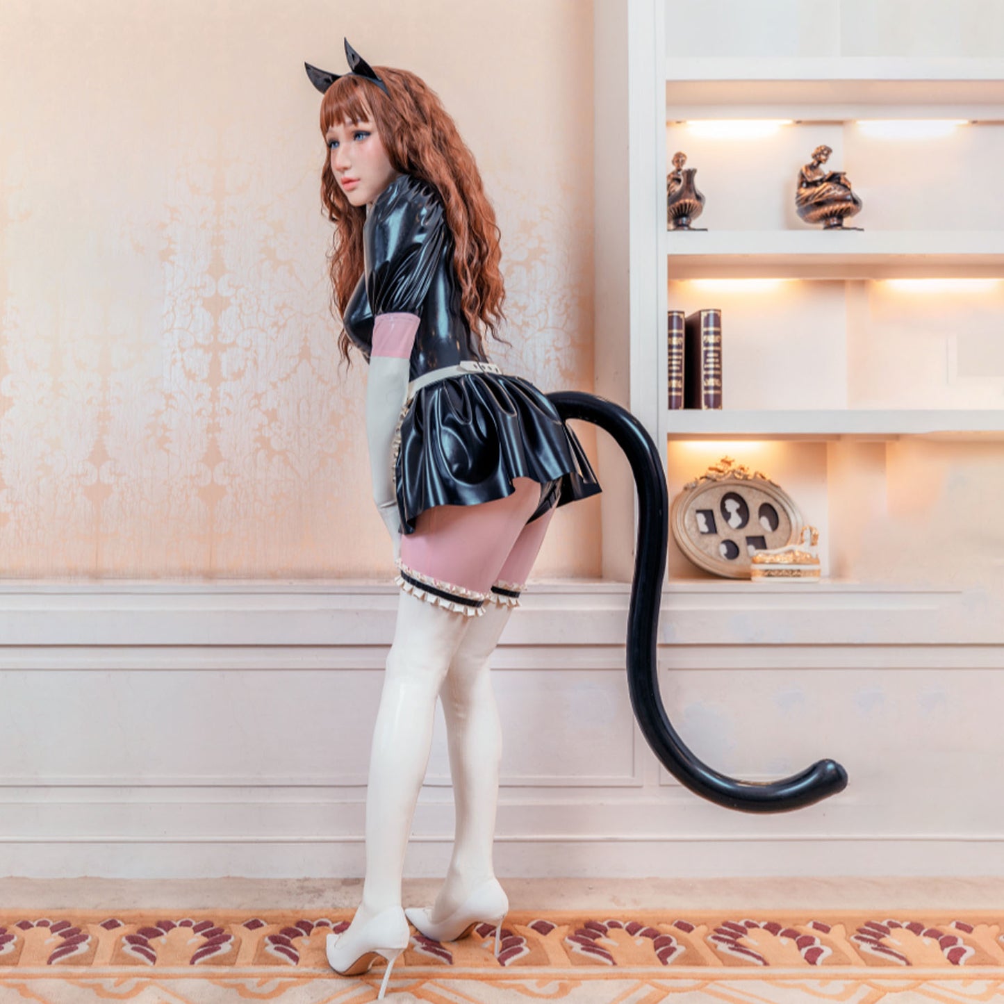 Kitty Maid V Neck Latex Apron Maid Dress Full Cover Bodysuit - Quaworth