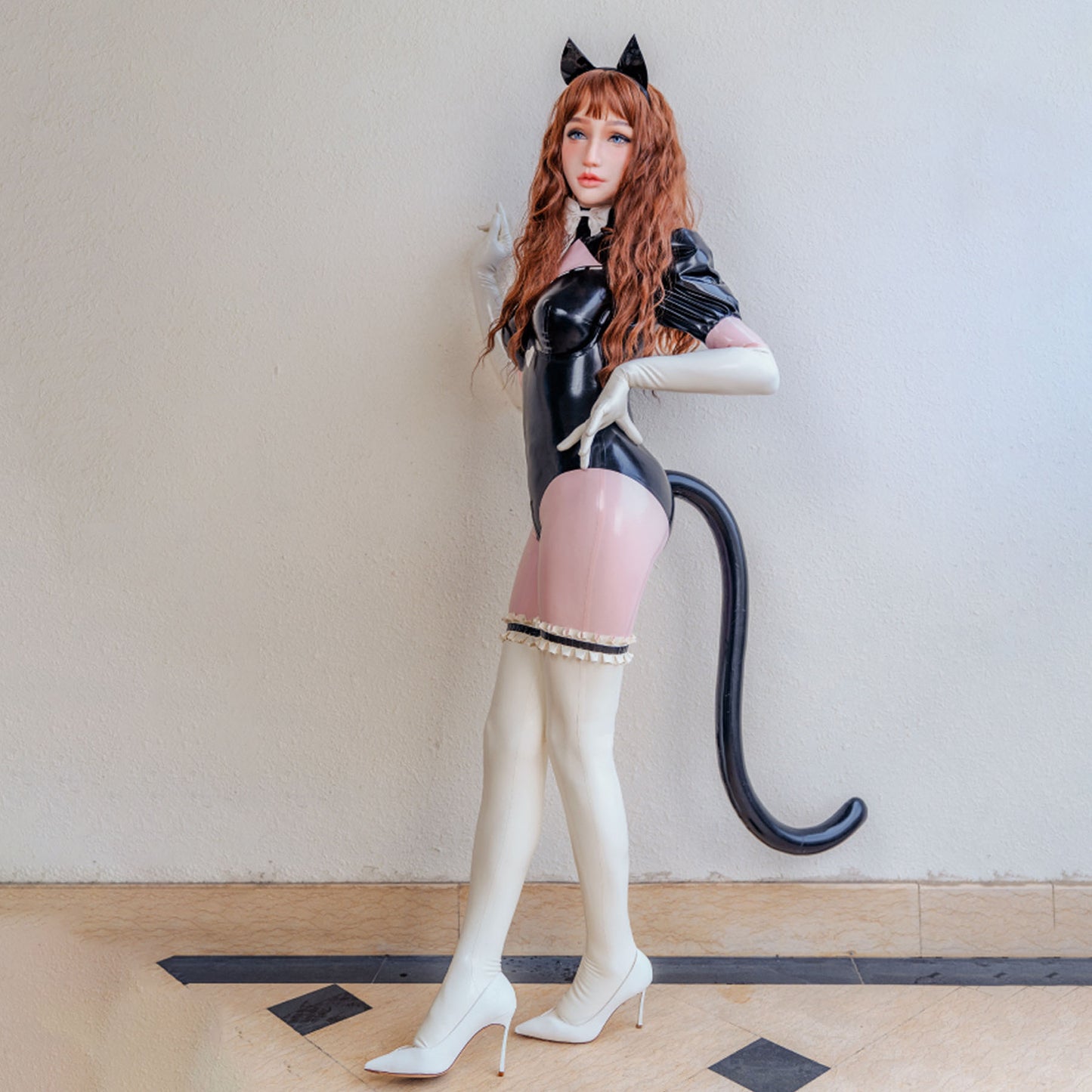 Kitty Maid V Neck Latex Apron Maid Dress Full Cover Bodysuit - Quaworth