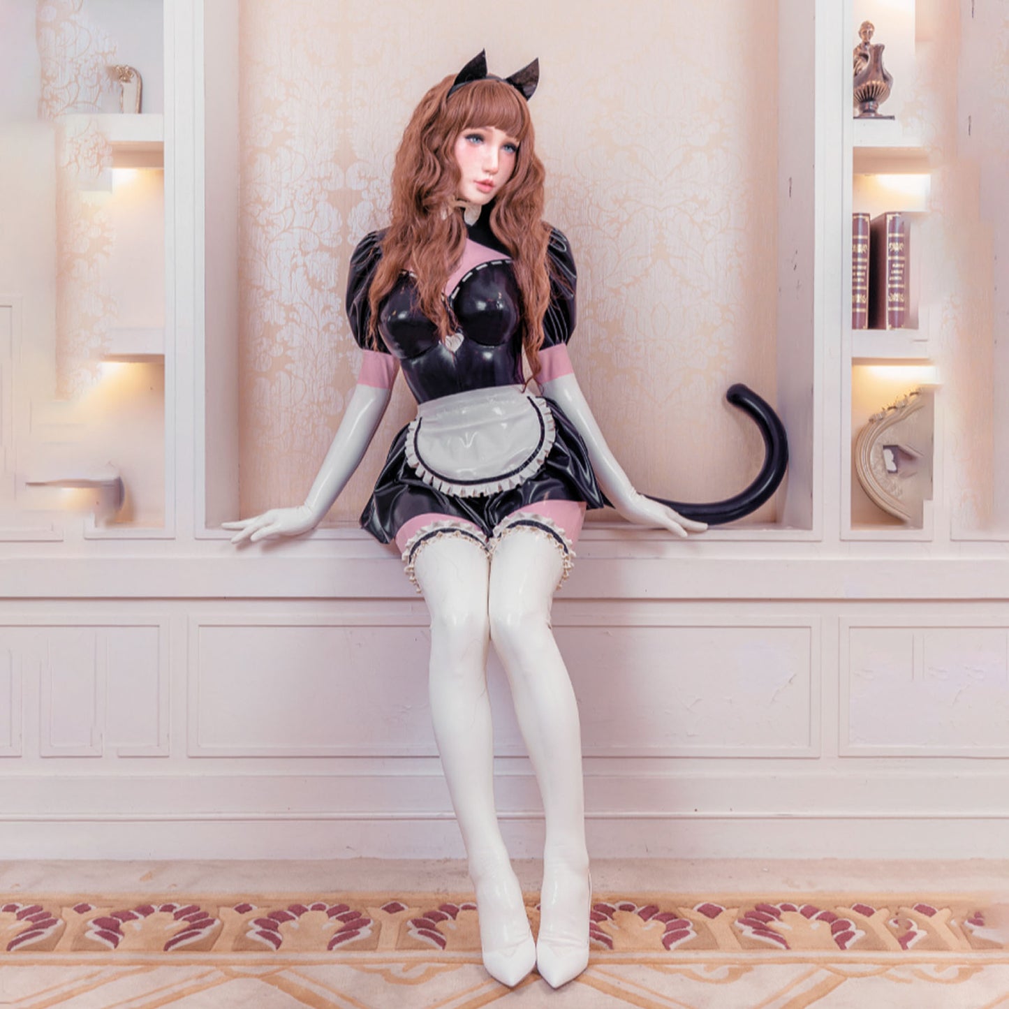 Kitty Maid V Neck Latex Apron Maid Dress Full Cover Bodysuit - Quaworth
